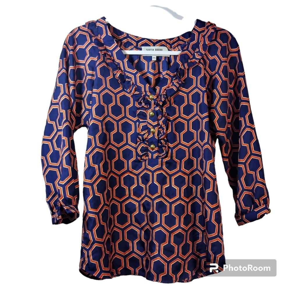 Skirtin Around Blue Orange Ruffle Silk Blouse Career OfficeTop Size 0